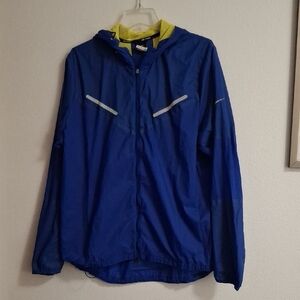 Nike Running Blue and Yellow Reflective Windbreaker With Hood Breathable Size XL
